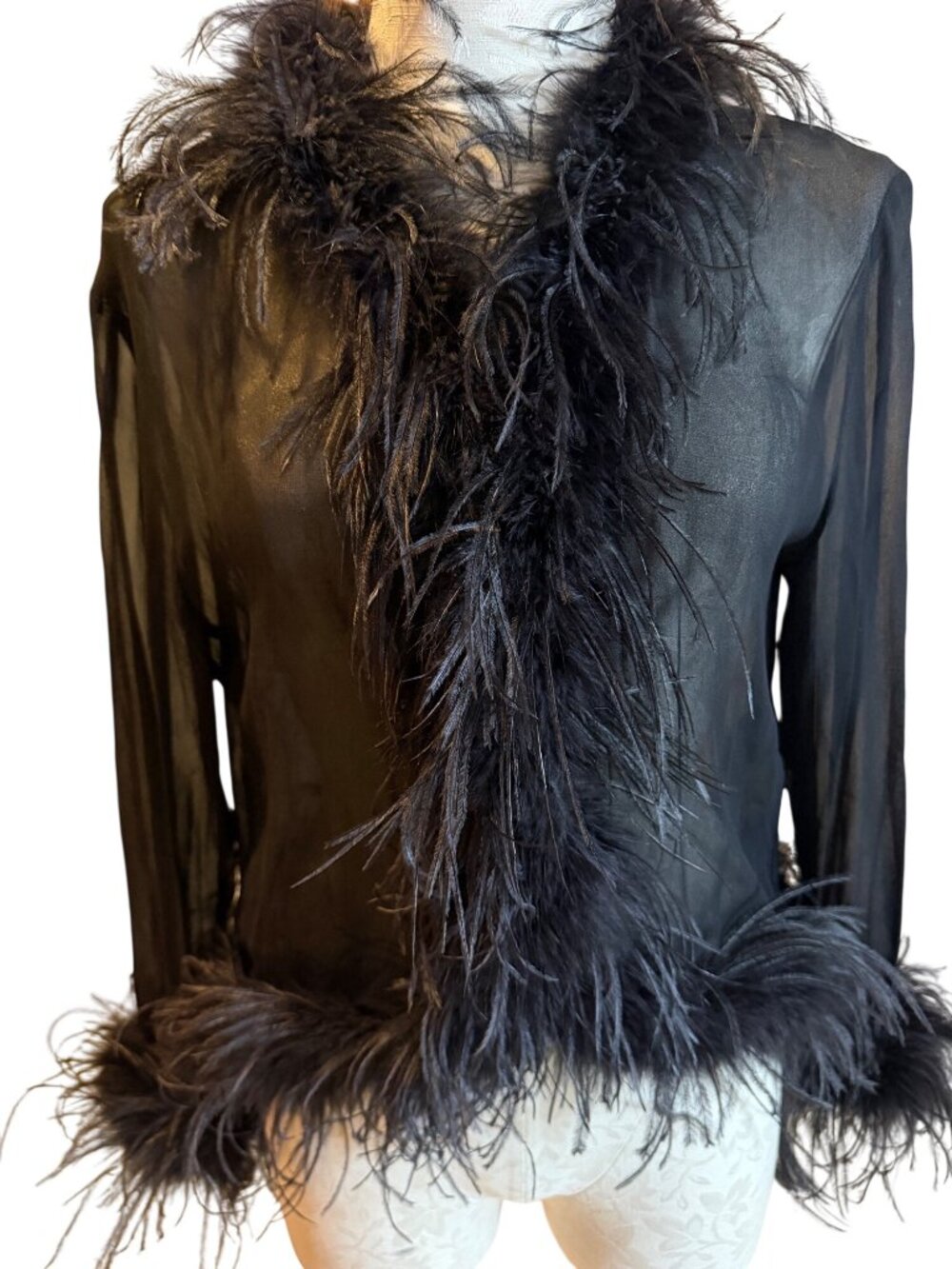 Maje Womens Feather Trim Transparent Voile Shirt Size Small Black Relaxed Party
